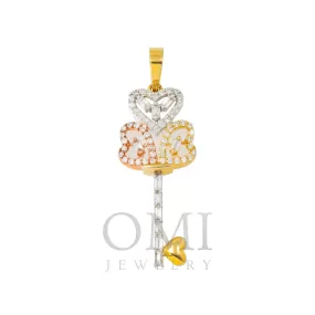 10K GOLD TRICOLOR BAGUETTE DIAMOND HEART KEY PENDANT 1.32 CT