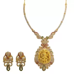 22K Yellow Gold CZ Necklace & Earrings Set W/ Rubies, Emeralds, CZ Gems & Fully Encrusted Laxmi Pendants