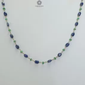 925 Sterling Silver Blue Sapphire And Green Emerald Natural Gemstones Oval Cut Beads 8.00gms NECKLACE Chain 18"