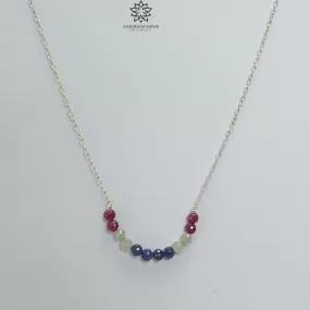 925 Sterling Silver Natural Blue Sapphire and Red Ruby Gemstones Beads Chain NECKLACE : 4.08gms Rose cut Beaded Necklace 18"