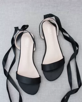 Black Satin Flat Sandal with Ballerina Lace Up