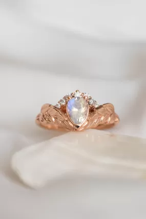 Blue moonstone engagement ring, rose gold leaves proposal ring with diamonds / Palmira Crown