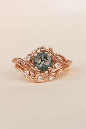 Bridal ring set in rose gold with natural round moss agate and accent diamonds / Undina