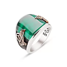 Green Agate Stone Half Moon Shaped Silver Men’s Ring Siding Ottoman Tughra