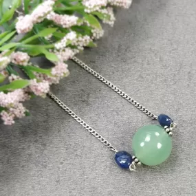 Green SERPENTINE & Blue SAPPHIRE Gemstones Beads Chain NECKLACE : 925 Sterling Silver Natural Round Cabochon 19" Statement Necklace