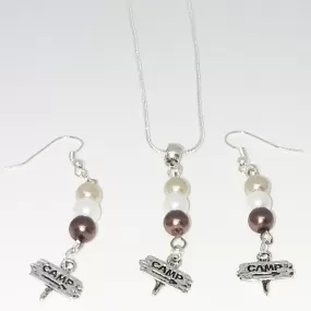 Handmade Glass Beaded Metal Charm Pendants with Silver Plated Earrings and Snake Chain Necklace Jewelry Set Beige Brown Ivory Smooth Bail Camp