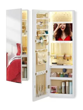 Joyce 1X Wall Mounted LED Jewelry Armoire Full Length Mirror – White