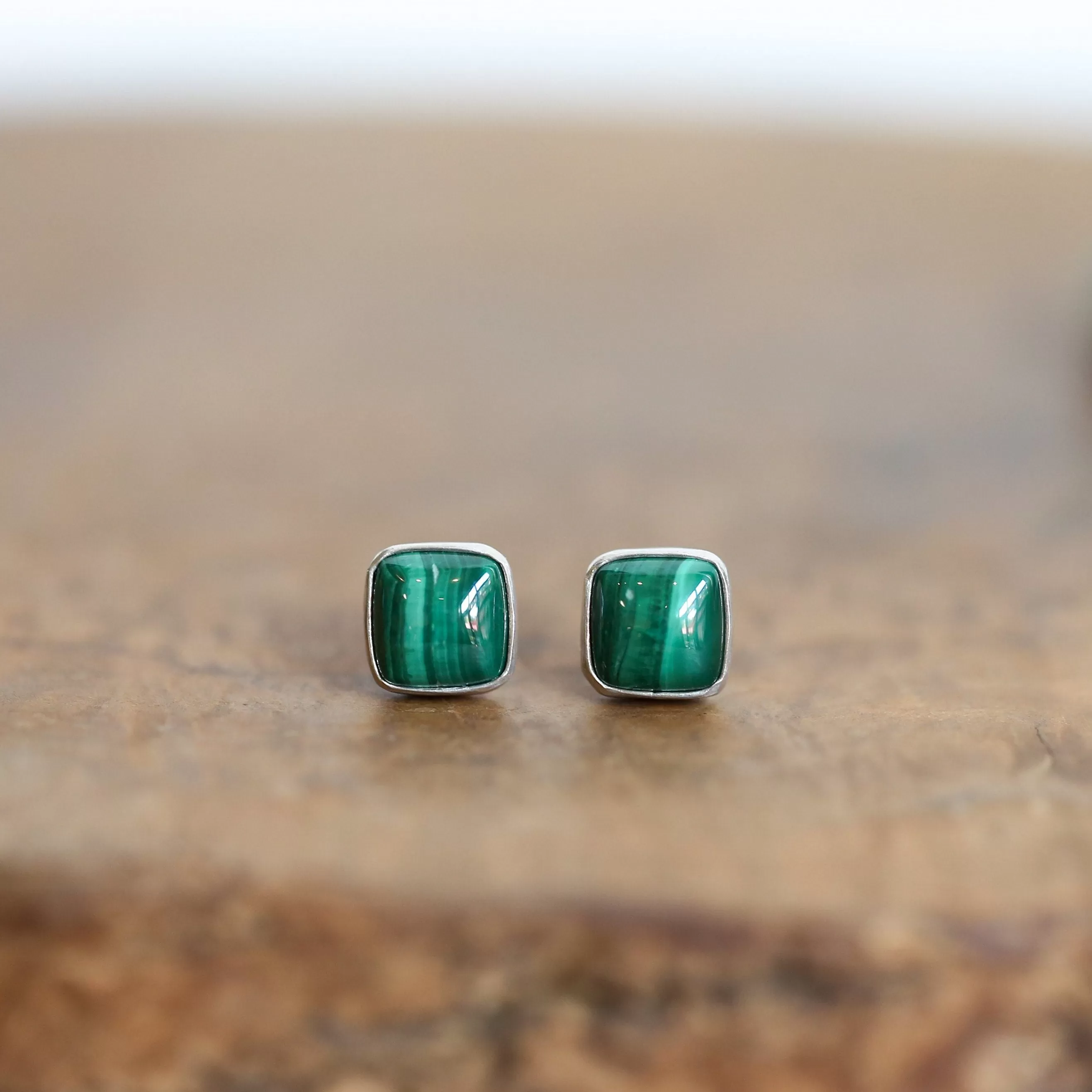 Malachite Square Posts - Malachite Earrings - .925 Sterling Silver - Silversmith - Malachite Studs