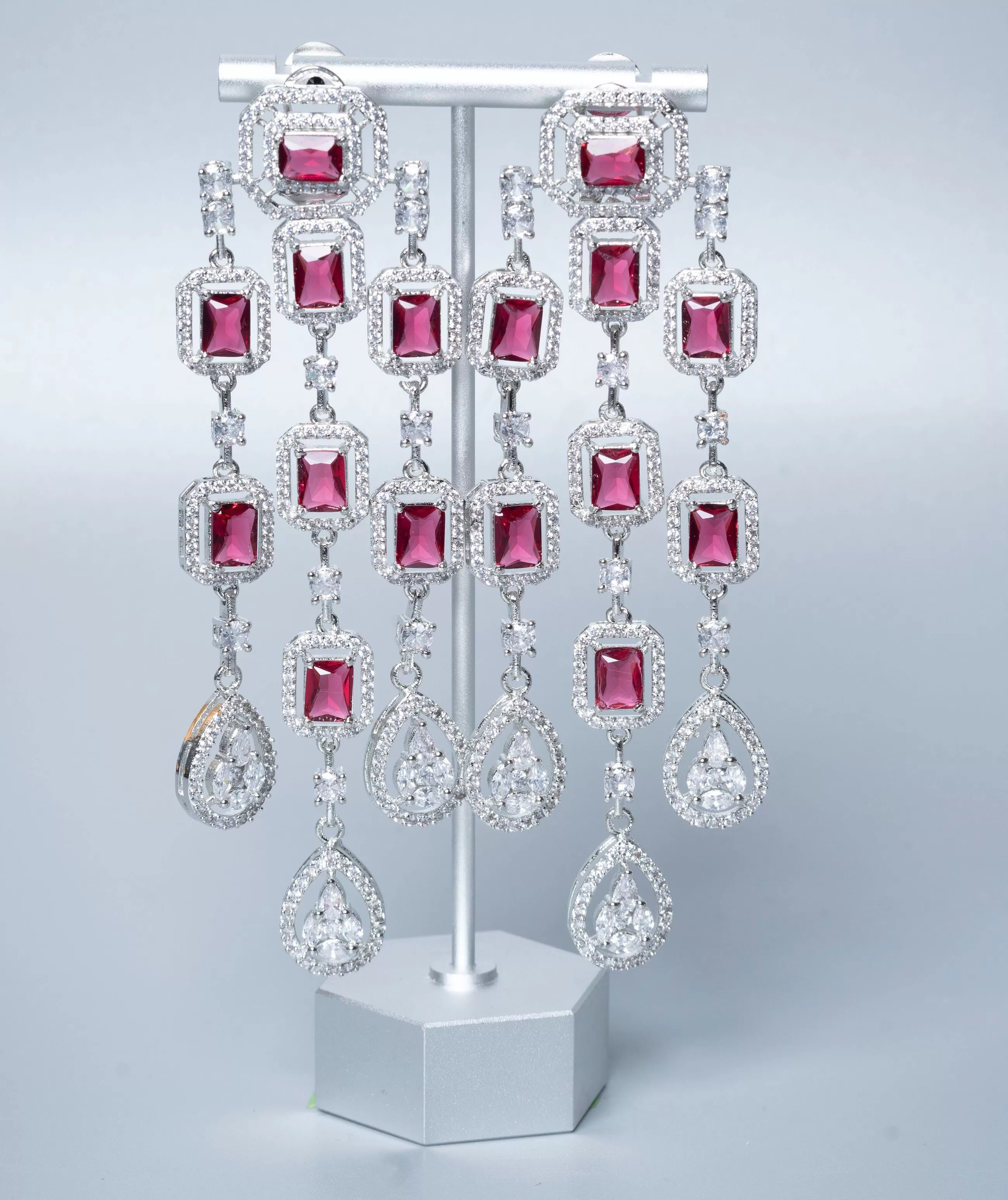 Mei-Lin Statement Chandelier Earrings Ruby Red White Gold By Jaipur Rose Luxury Indian Jewelry Online