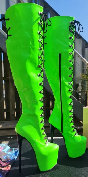 Neon Green Military Style Lace Up Heel Boots