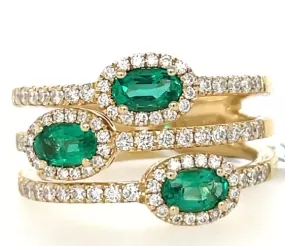 Women's 14K Gold Triple Band Emerald and Diamond Fashion Ring