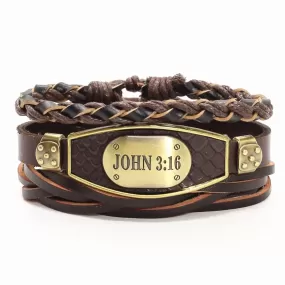 WWJD JOHN 3:16 Charm Men Genuine Leather Bracelet